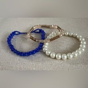 Set of 3 Beaded Stretch Bracelets - Cobalt Blue, Clear/Gold, Pearl White